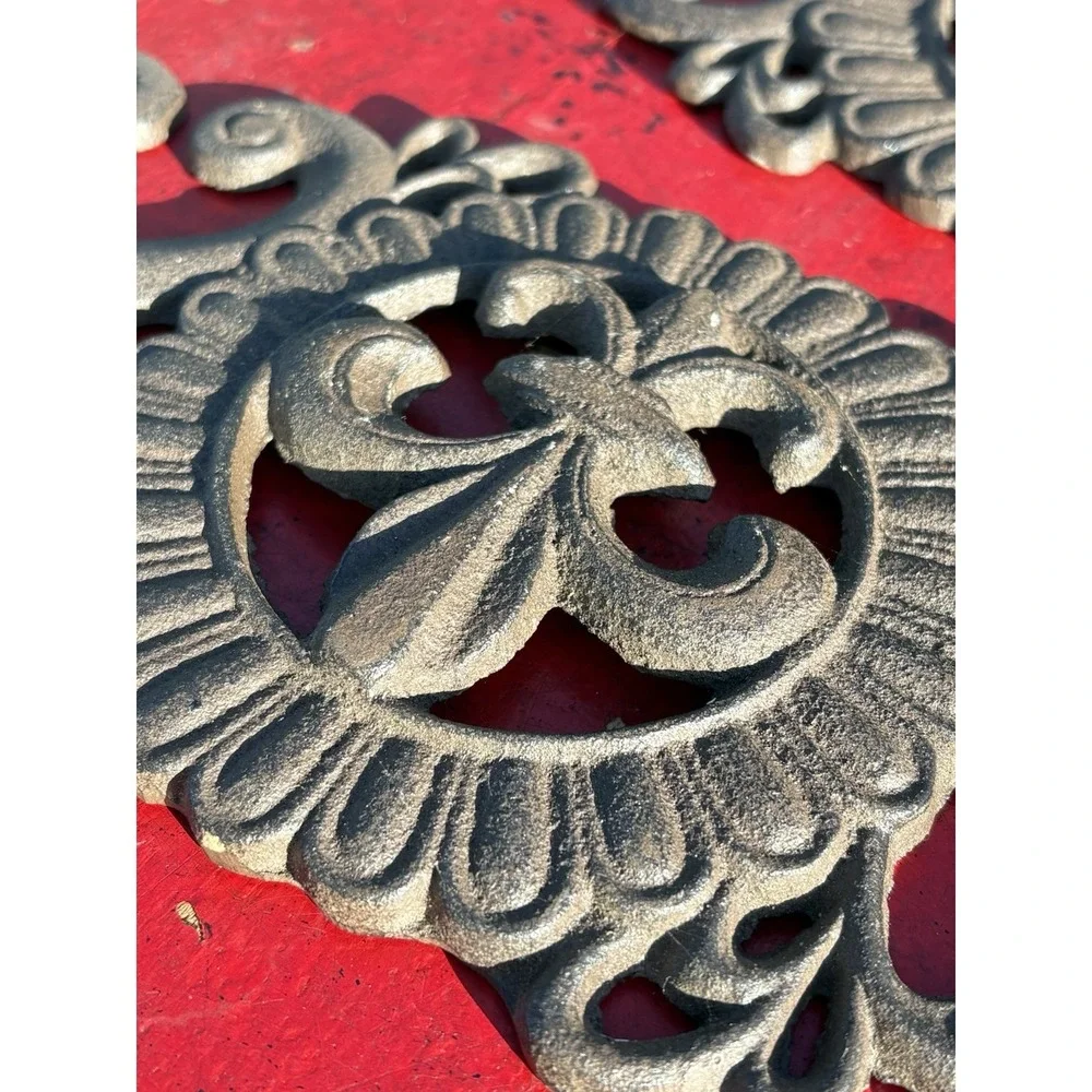 Vintage Set Of 2 Cast Iron Scroll Topper Old World Wall Plaque Decor 18